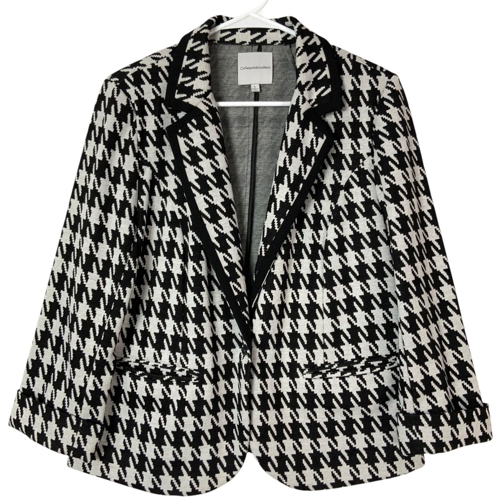 Catherine Malandrino Houndstooth Button Blazer L Notched Lapel 3/4 Sleeve Cuffed
